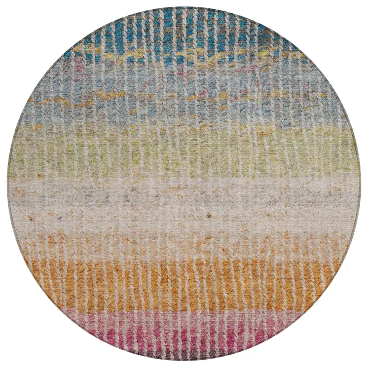 8' Chocolate Orange And Pink Round Striped Washable Indoor Outdoor Area Rug