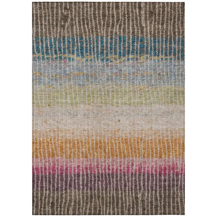 10' X 14' Chocolate Orange And Pink Striped Washable Indoor Outdoor Area Rug