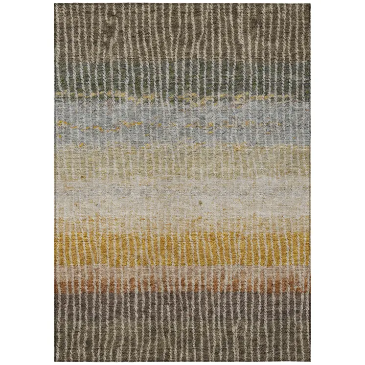 5' X 8' Brown Gold And Gray Striped Washable Indoor Outdoor Area Rug