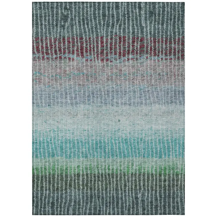 8' X 10' Teal Blue And Green Striped Washable Indoor Outdoor Area Rug