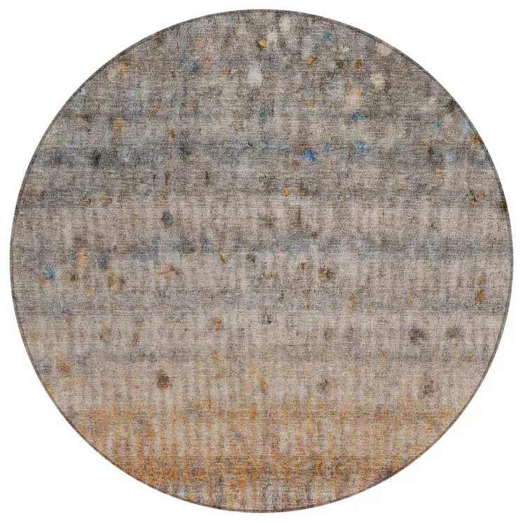 8' Gray And Copper Round Striped Washable Indoor Outdoor Area Rug
