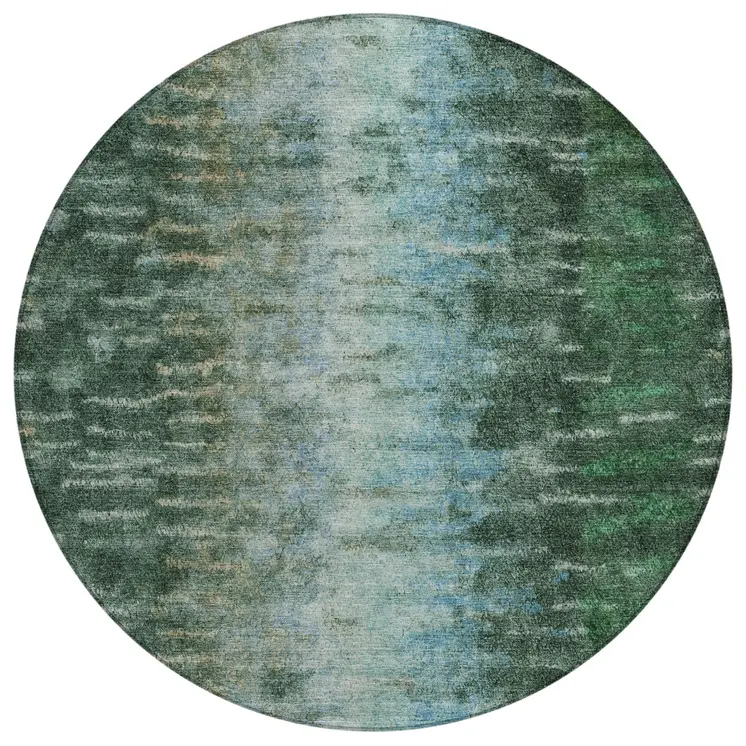 8' Emerald Teal Blue And Ivory Round Abstract Washable Indoor Outdoor Area Rug