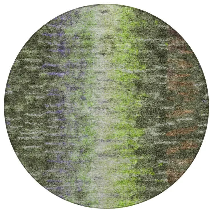 8' Olive Green Brown And Purple Round Abstract Washable Indoor Outdoor Area Rug
