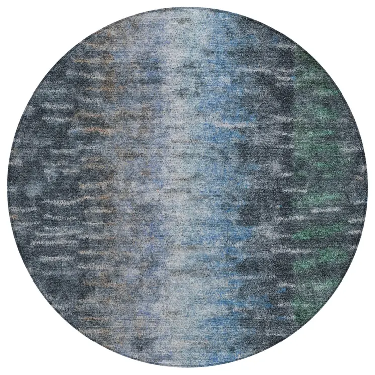 8' Teal Blue And Gray Round Abstract Washable Indoor Outdoor Area Rug