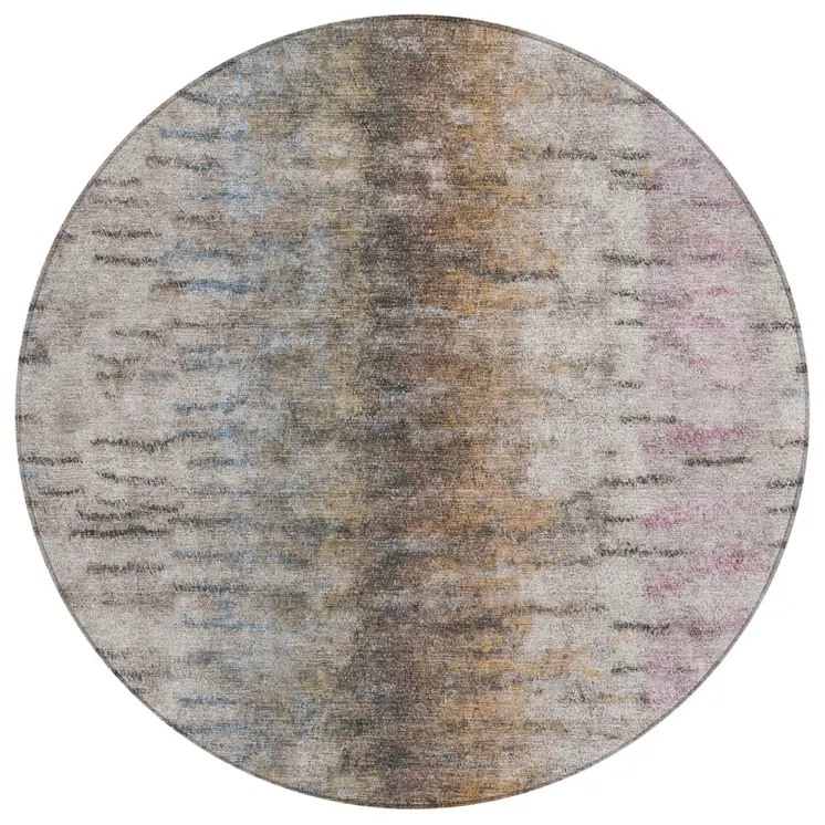 8' Brown Taupe And Ivory Round Abstract Washable Indoor Outdoor Area Rug