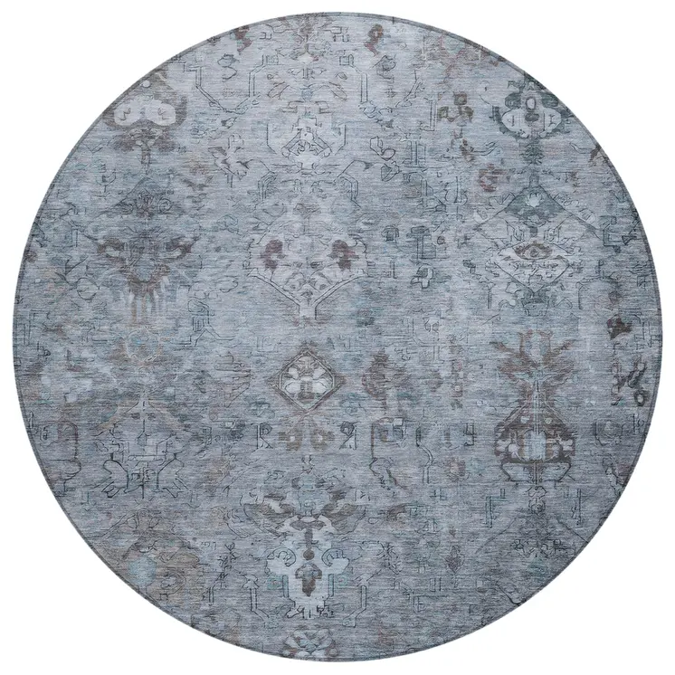 8' Blue Gray And Ivory Round Medallion Washable Indoor Outdoor Area Rug
