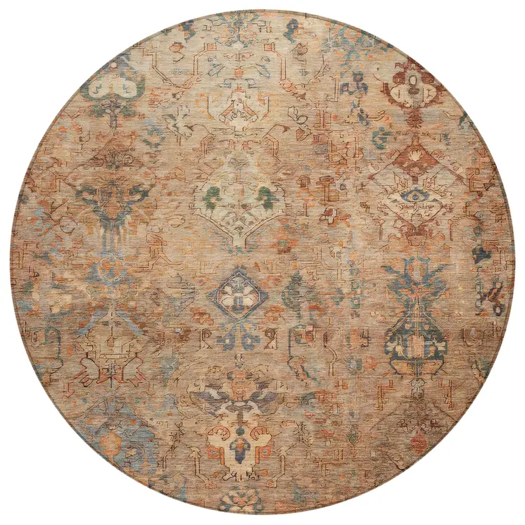 8' Copper And Gray Round Medallion Washable Indoor Outdoor Area Rug