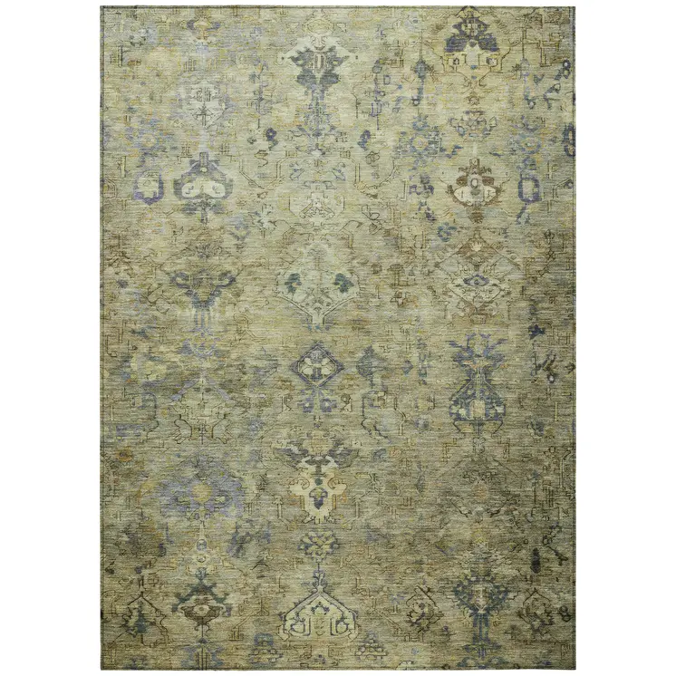 10' X 14' Green Blue And Ivory Medallion Washable Indoor Outdoor Area Rug