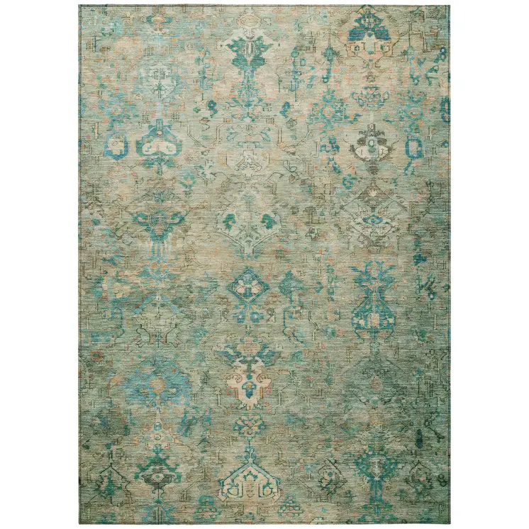 3' X 5' Teal Blue And Beige Medallion Washable Indoor Outdoor Area Rug