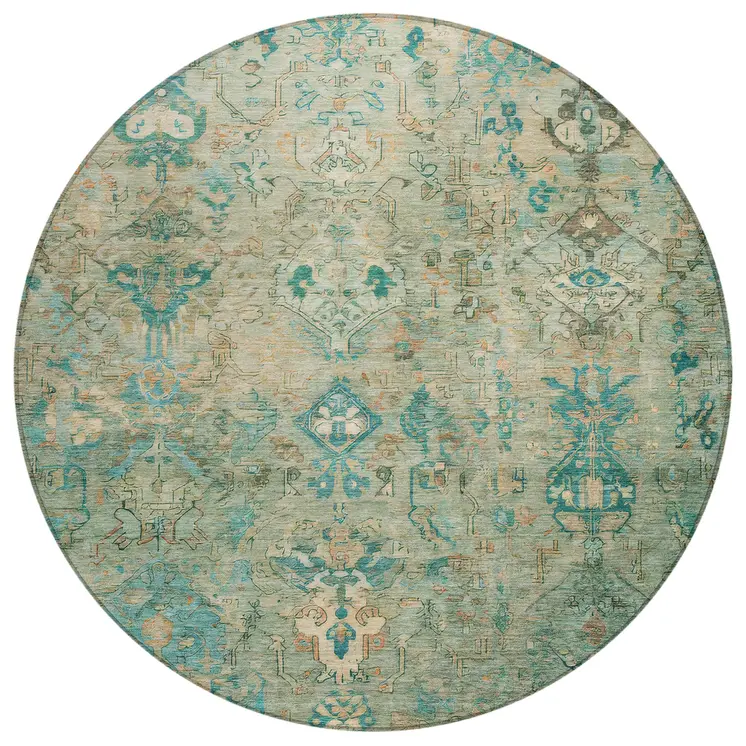 8' Teal Blue And Beige Round Medallion Washable Indoor Outdoor Area Rug