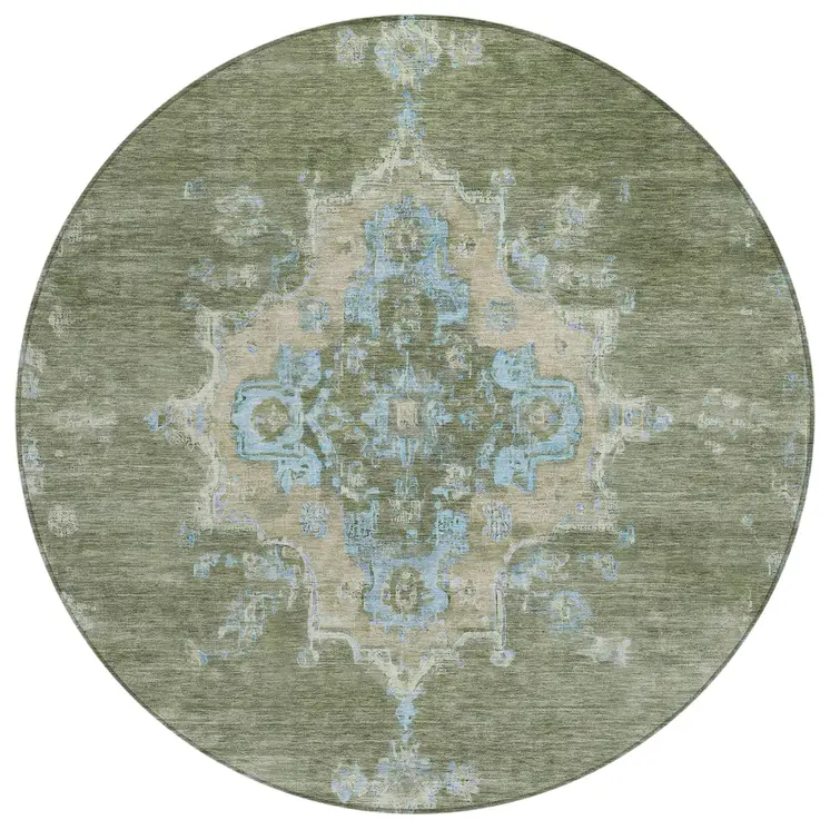 8' Fern Green And Blue Round Medallion Washable Indoor Outdoor Area Rug
