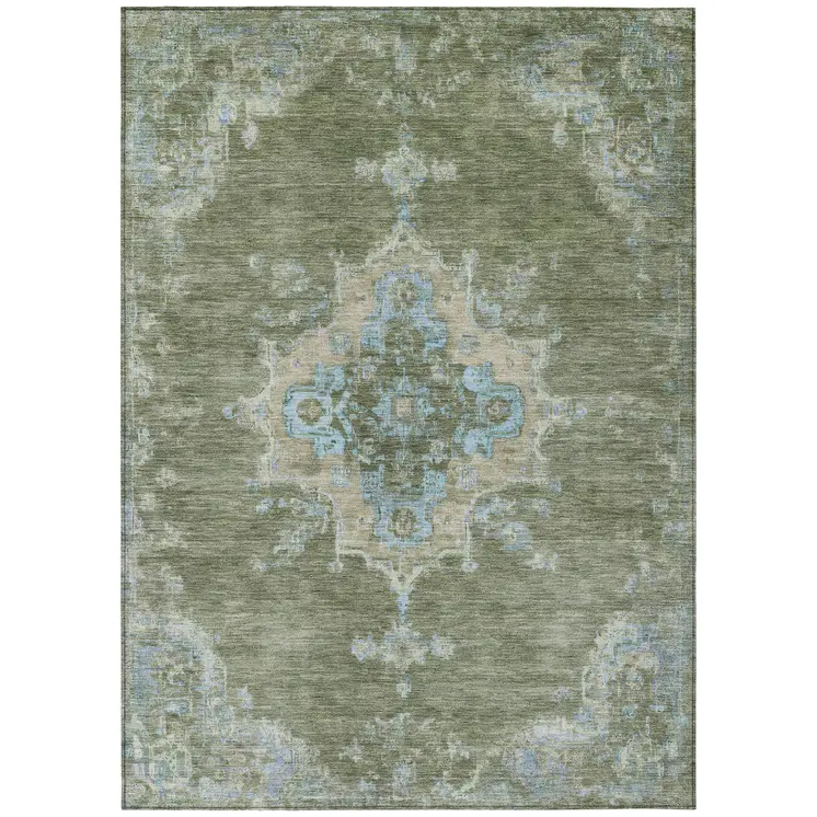 10' X 14' Fern Green And Blue Medallion Washable Indoor Outdoor Area Rug