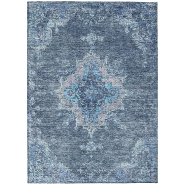 5' X 8' Blue And Gray Medallion Washable Indoor Outdoor Area Rug