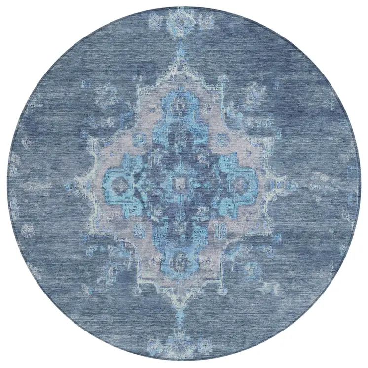 8' Blue And Gray Round Medallion Washable Indoor Outdoor Area Rug