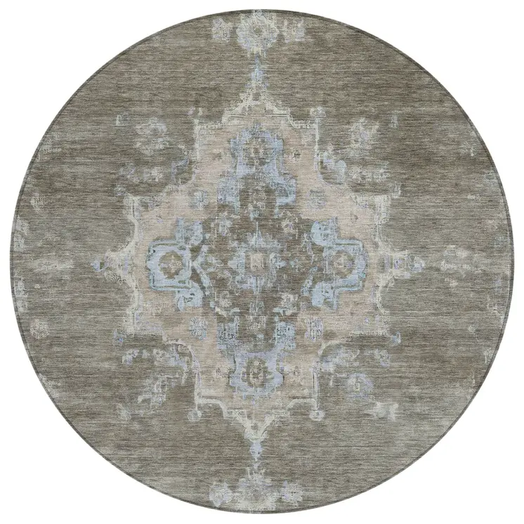 8' Brown Beige And Blue Round Medallion Washable Indoor Outdoor Area Rug