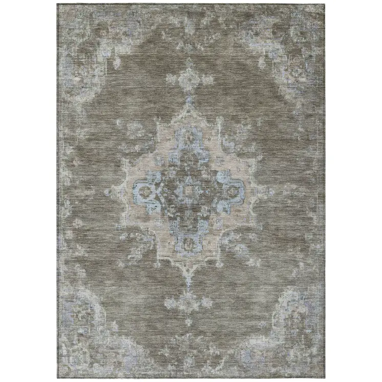 10' X 14' Brown Beige And Blue Medallion Washable Indoor Outdoor Area Rug