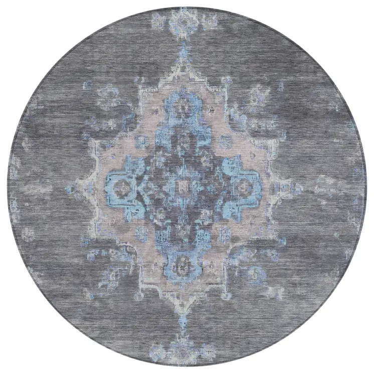 8' Graphite And Blue Round Medallion Washable Indoor Outdoor Area Rug