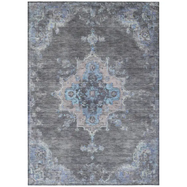 9' X 12' Graphite And Blue Medallion Washable Indoor Outdoor Area Rug