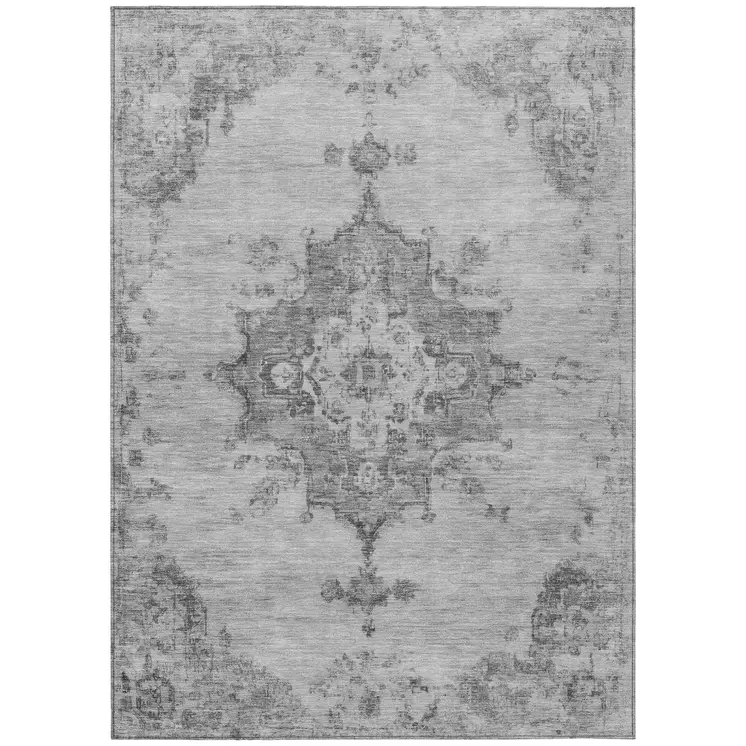 8' X 10' Gray And Silver Medallion Washable Indoor Outdoor Area Rug
