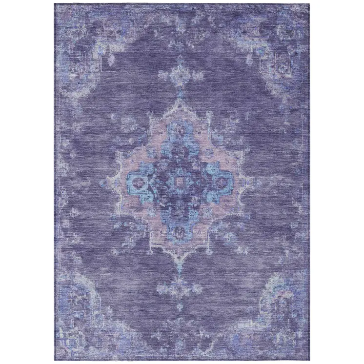 9' X 12' Purple And Blue Medallion Washable Indoor Outdoor Area Rug