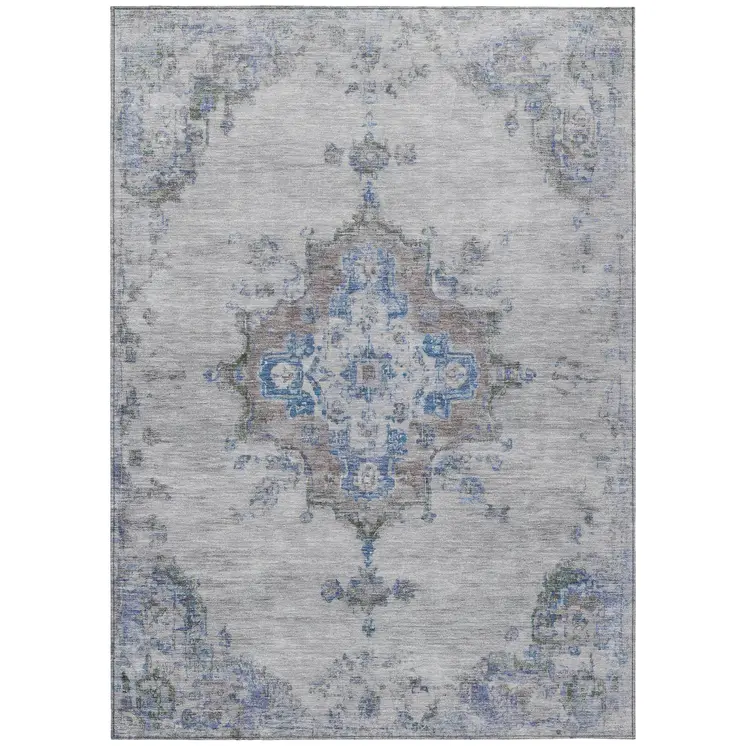 9' X 12' Silver And Blue Medallion Washable Indoor Outdoor Area Rug