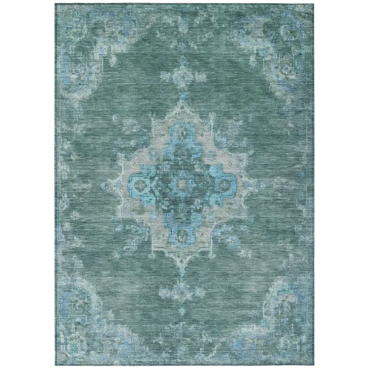 3' X 5' Teal Blue And Gray Medallion Washable Indoor Outdoor Area Rug