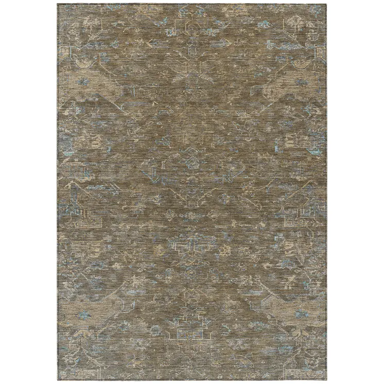 5' X 8' Brown And Blue Medallion Washable Indoor Outdoor Area Rug