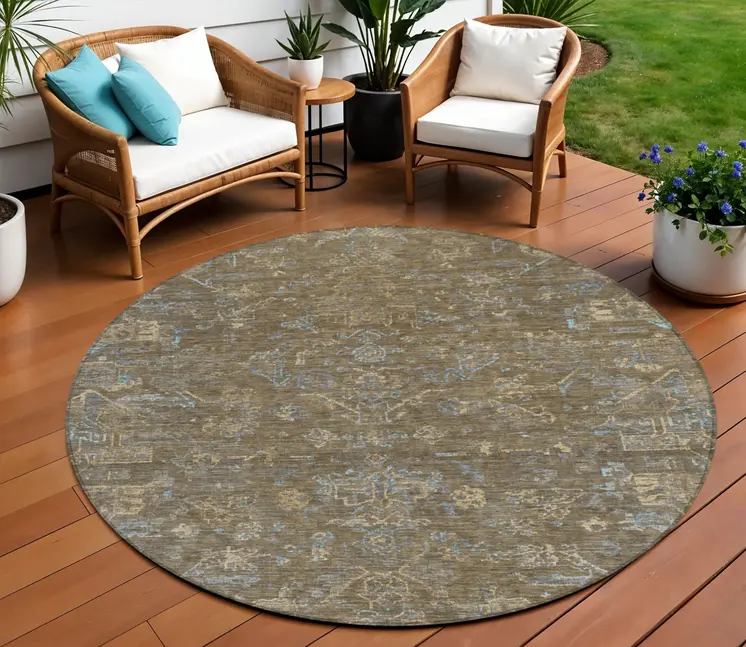 8' Brown And Blue Round Medallion Washable Indoor Outdoor Area Rug