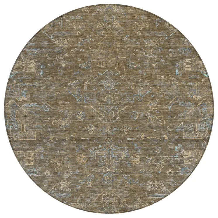8' Brown And Blue Round Medallion Washable Indoor Outdoor Area Rug