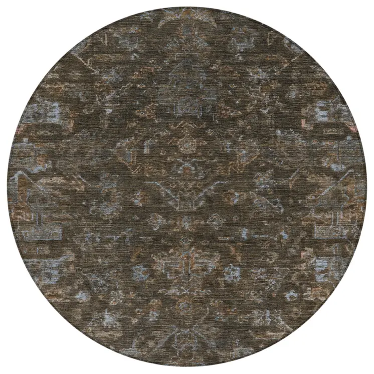 8' Chocolate And Gray Round Medallion Washable Indoor Outdoor Area Rug