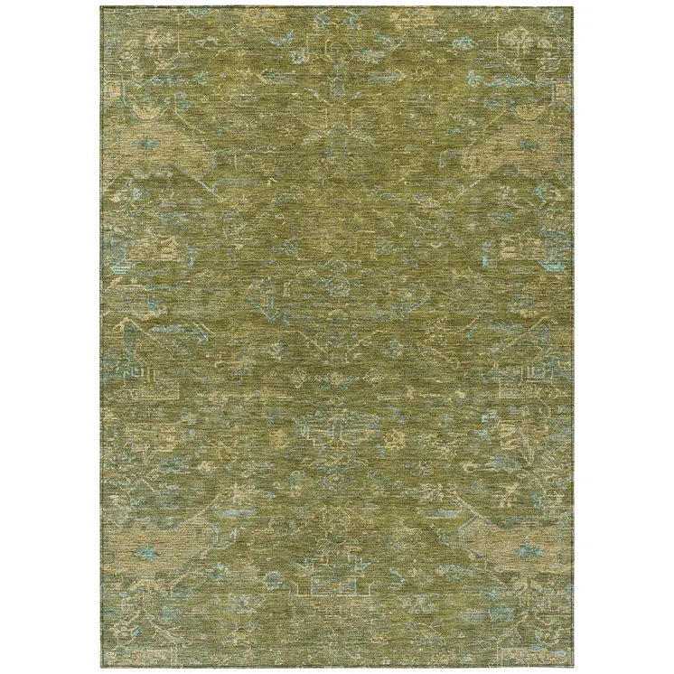 5' X 8' Fern Green And Blue Medallion Washable Indoor Outdoor Area Rug