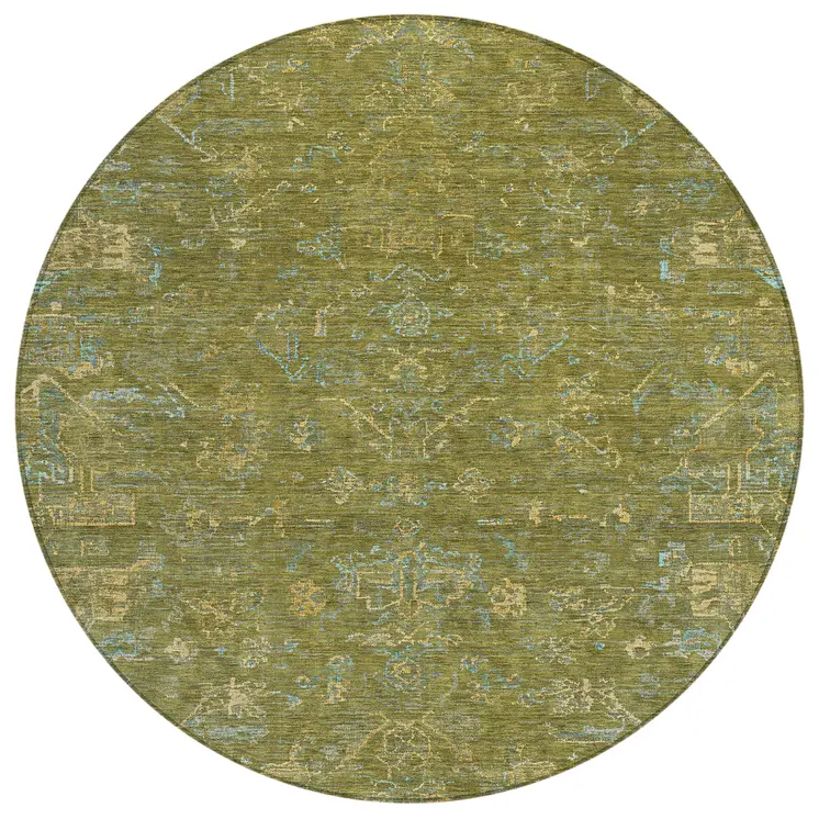8' Fern Green And Blue Round Medallion Washable Indoor Outdoor Area Rug