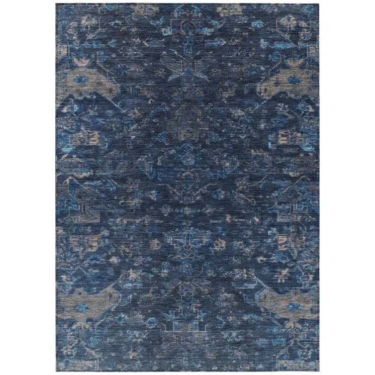 3' X 5' Navy Blue And Gray Medallion Washable Indoor Outdoor Area Rug