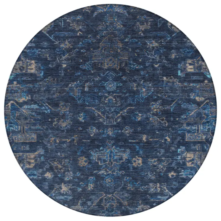 8' Navy Blue And Gray Round Medallion Washable Indoor Outdoor Area Rug