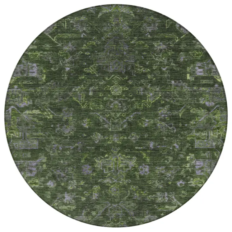 8' Olive Green And Gray Round Medallion Washable Indoor Outdoor Area Rug