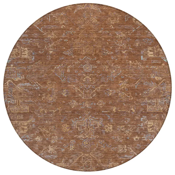 8' Chili Red And Copper Round Medallion Washable Indoor Outdoor Area Rug