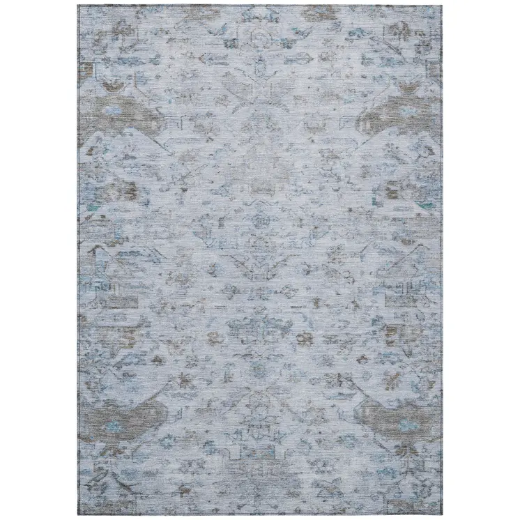 10' X 14' Sky Blue And Ivory Medallion Washable Indoor Outdoor Area Rug