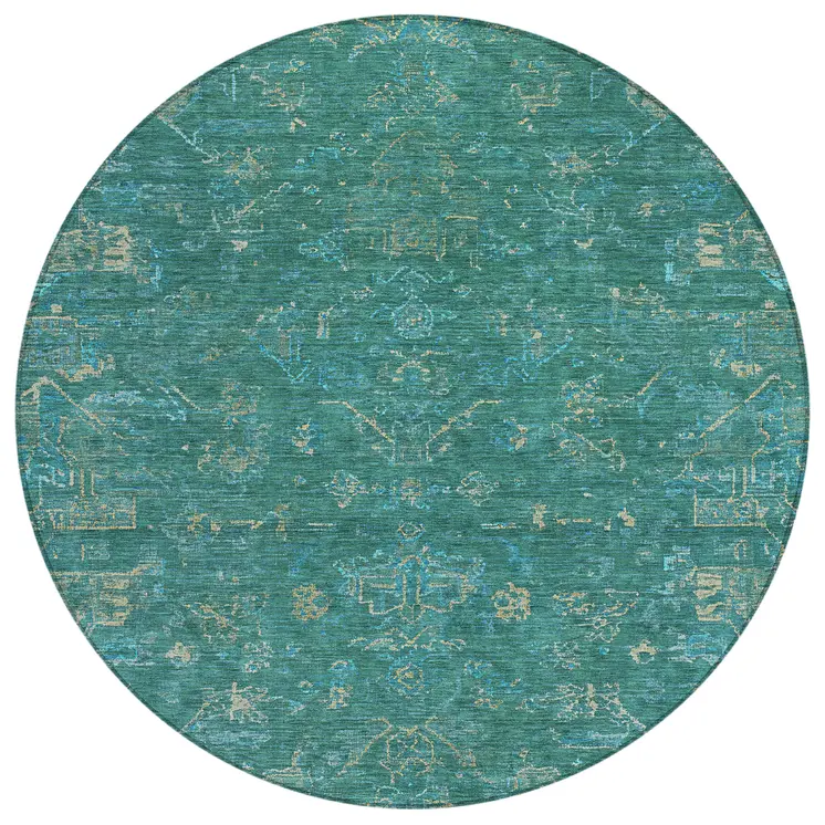 8' Teal Blue And Artichoke Green Round Medallion Washable Indoor Outdoor Area Rug