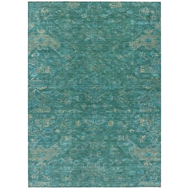 9' X 12' Teal Blue And Artichoke Green Medallion Washable Indoor Outdoor Area Rug