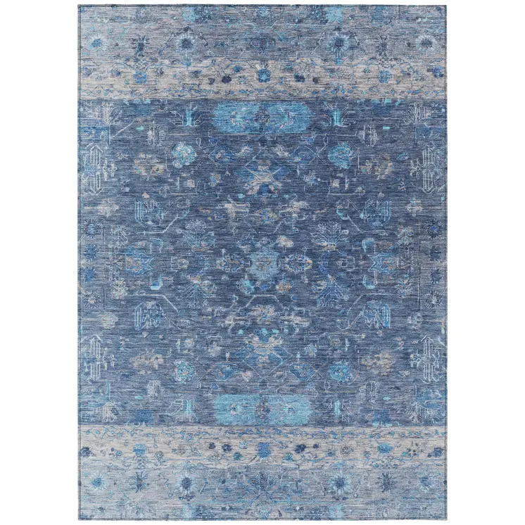 5' X 8' Navy Blue And Gray Tribal Washable Indoor Outdoor Area Rug