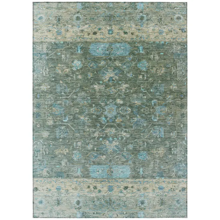 9' X 12' Sage Teal Blue And Beige Tribal Washable Indoor Outdoor Area Rug