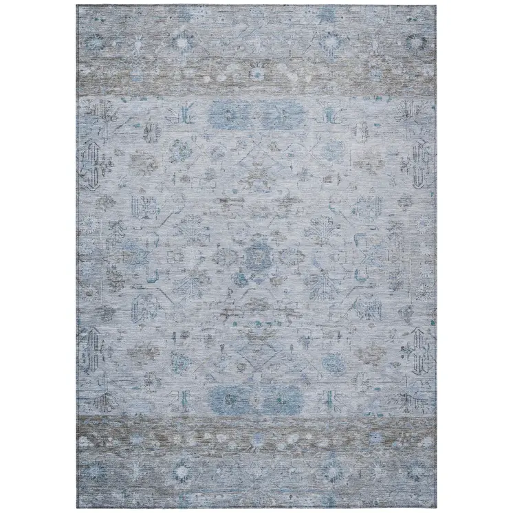 5' X 8' Sky Blue Gray And Ivory Tribal Washable Indoor Outdoor Area Rug
