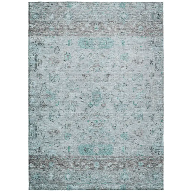3' X 5' Teal Blue Gray And Silver Tribal Washable Indoor Outdoor Area Rug