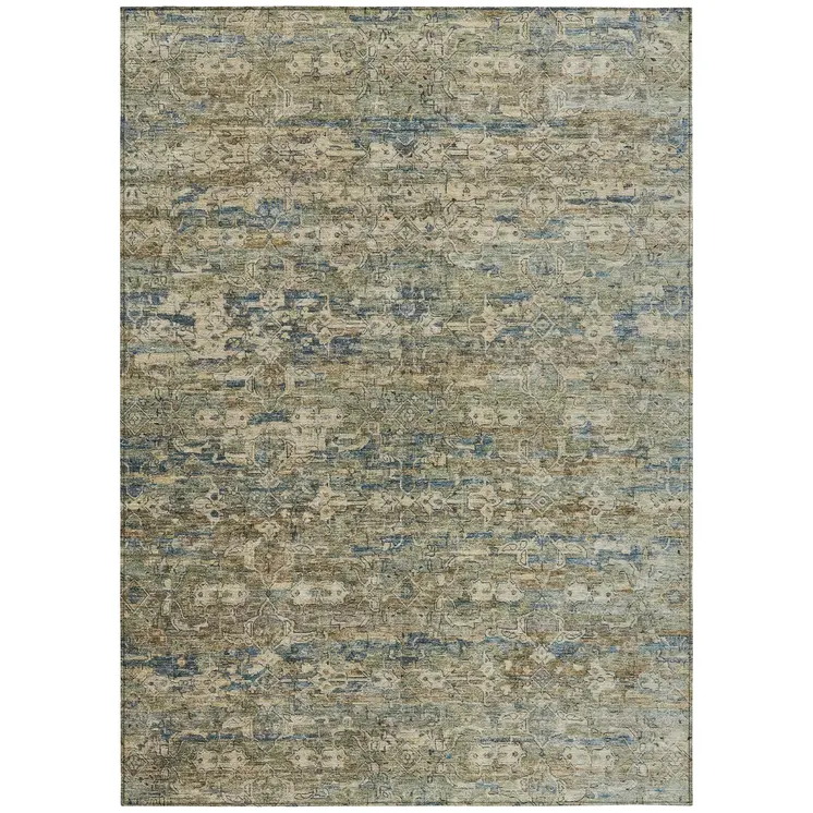 3' X 5' Artichoke Green Blue And Ivory Ikat Washable Indoor Outdoor Area Rug