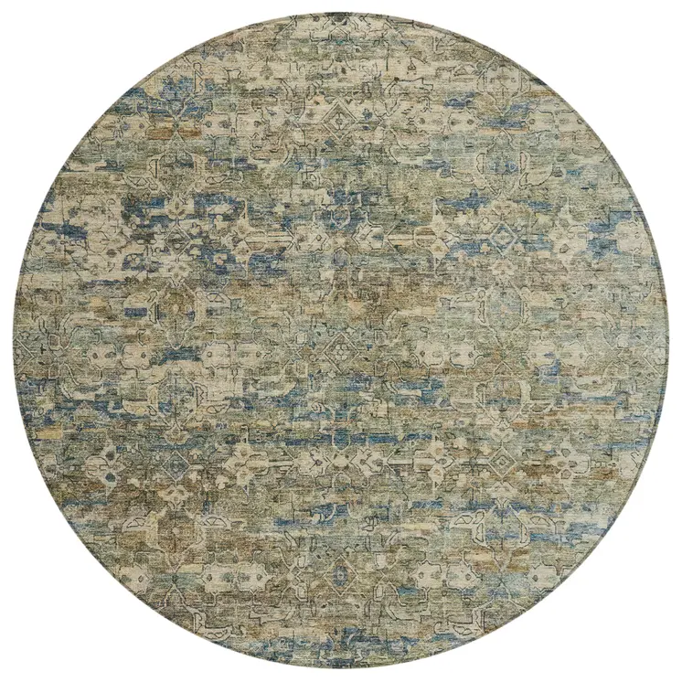8' Artichoke Green Blue And Ivory Round Ikat Washable Indoor Outdoor Area Rug
