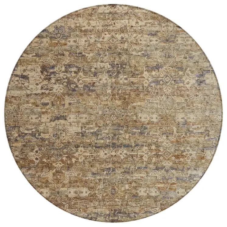 8' Brown And Beige Round Ikat Washable Indoor Outdoor Area Rug