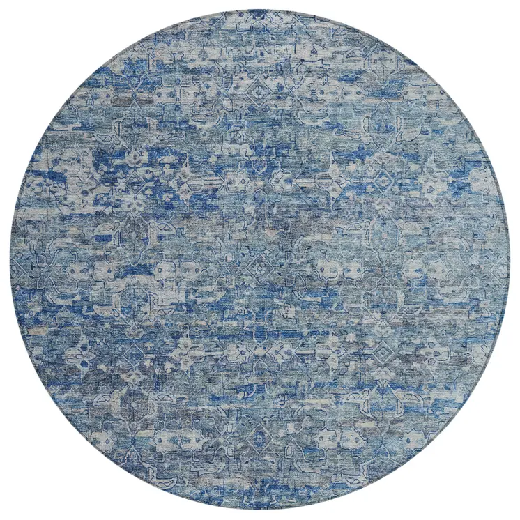 8' Denim Blue And Ivory Round Ikat Washable Indoor Outdoor Area Rug