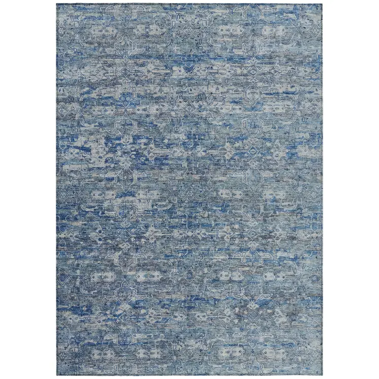9' X 12' Denim Blue And Ivory Ikat Washable Indoor Outdoor Area Rug