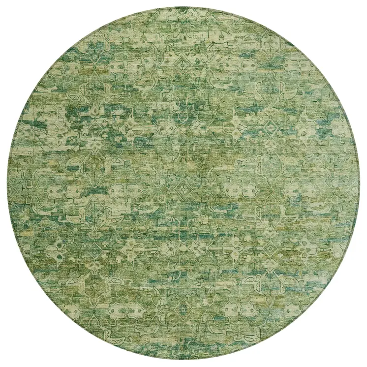 8' Olive Green And Sage Round Ikat Washable Indoor Outdoor Area Rug
