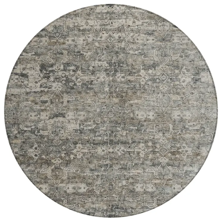 8' Pewter And Silver Round Ikat Washable Indoor Outdoor Area Rug